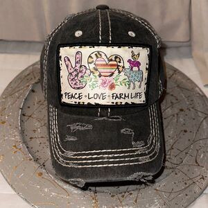 PEACE LOVE FARM LIFE Black Distressed Denim Cotton Cap